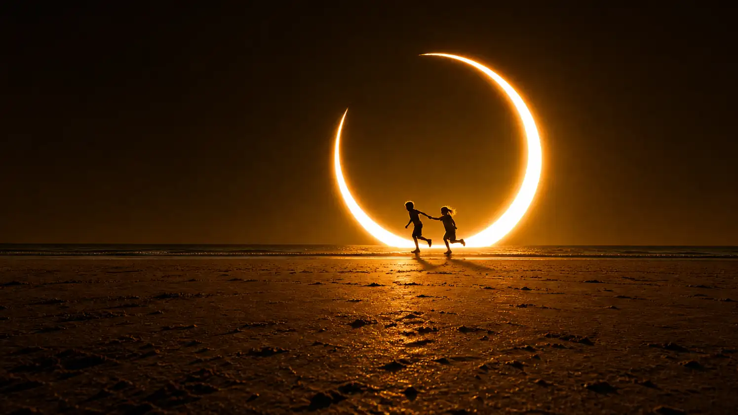 Two young runners crossing a beach beneath a crescent solar eclipse